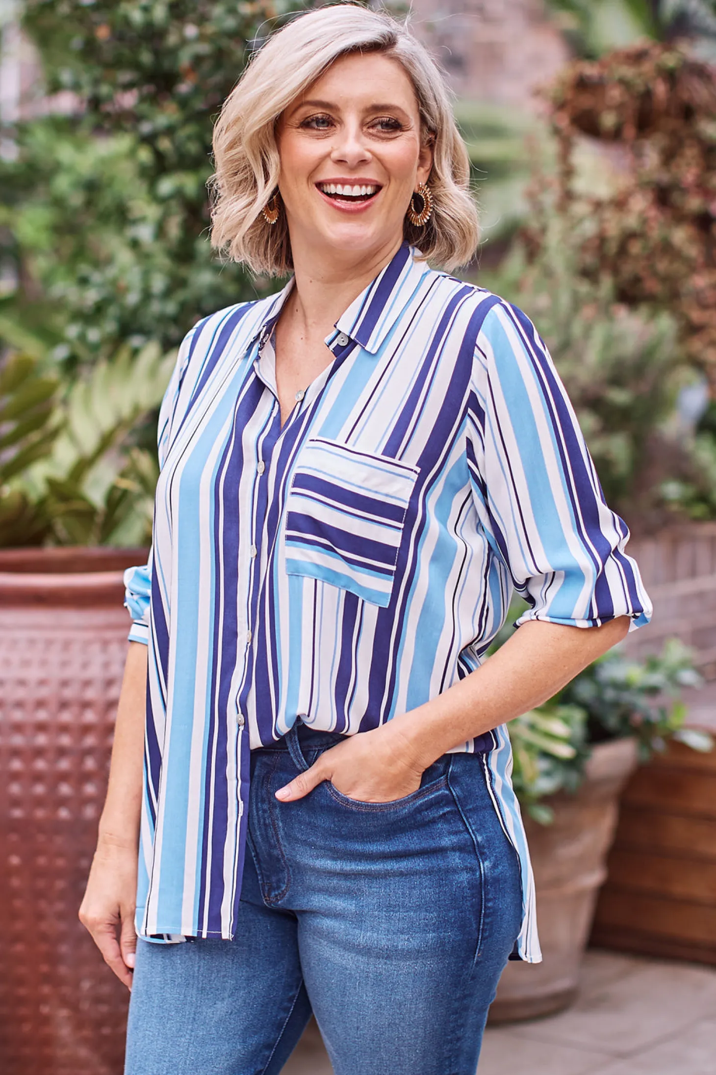New Carolina Amy Stripe Long Sleeve Collared Shirt