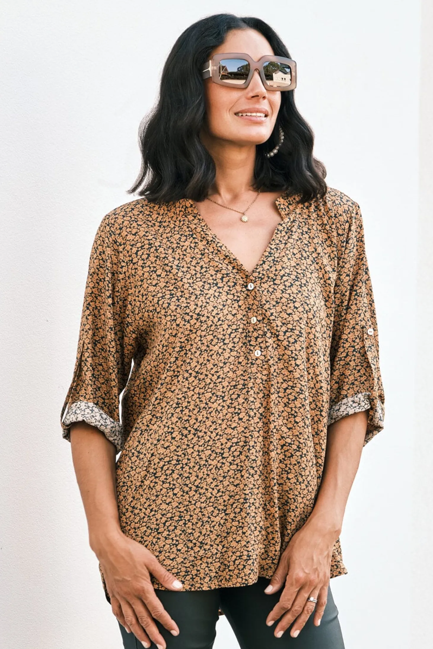 Discount Carolina Audrina Mid Sleeve Top Floral Burnt Orange