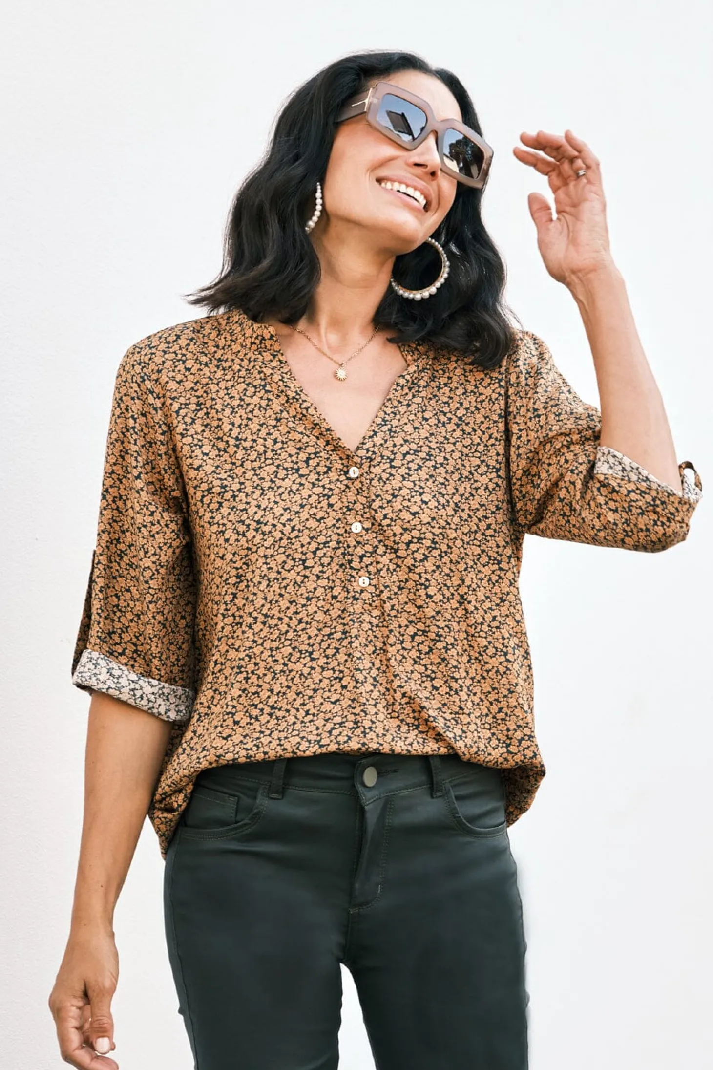 Discount Carolina Audrina Mid Sleeve Top Floral Burnt Orange