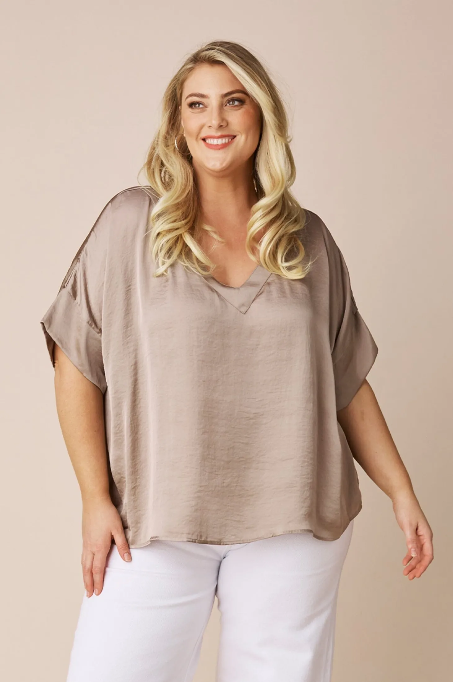 Sale Carolina Bianca Short Sleeve Top Almond with V Neck