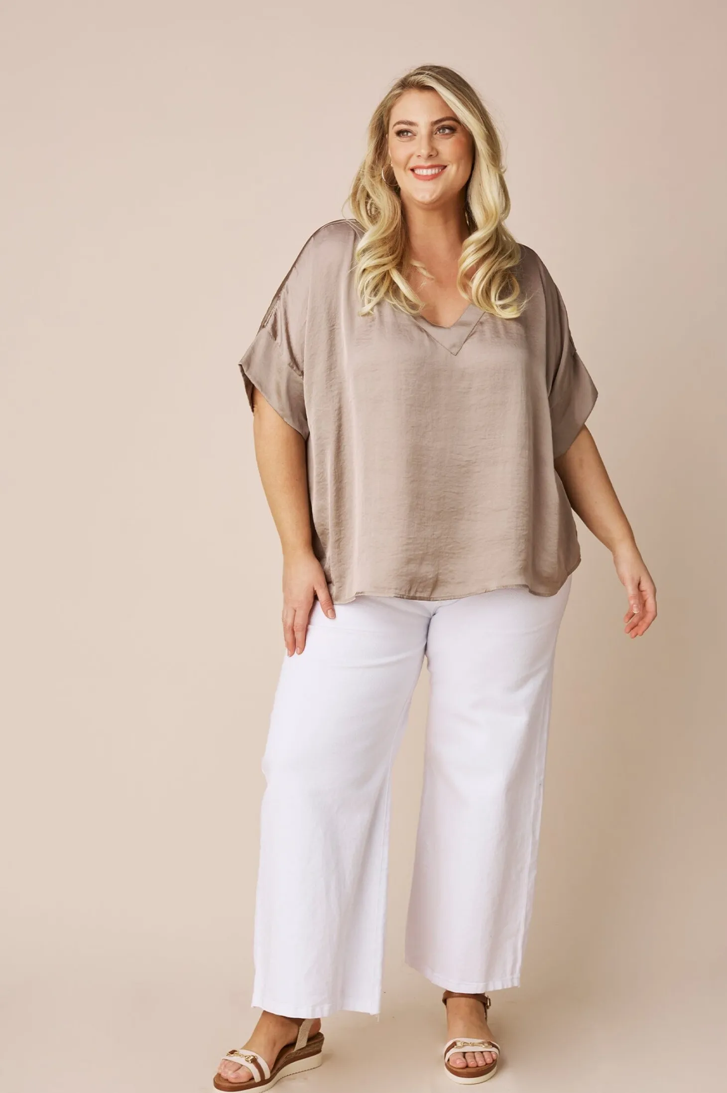Sale Carolina Bianca Short Sleeve Top Almond with V Neck