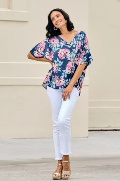 New Carolina Bianca Short Sleeve Top Bella Print with V Neck Navy