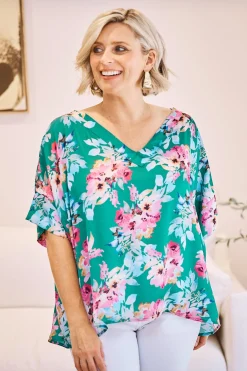 Sale Carolina Bianca Short Sleeve Top Bella Print with V Neck Emerald
