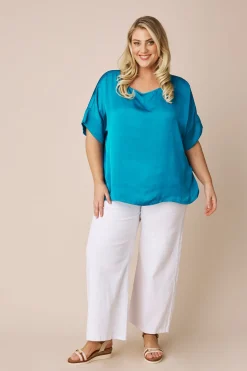 Fashion Carolina Bianca Short Sleeve Top Capri Blue with V Neck