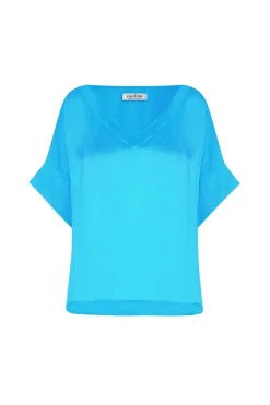 Fashion Carolina Bianca Short Sleeve Top Capri Blue with V Neck
