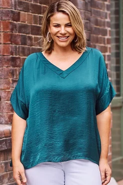 New Carolina Bianca Short Sleeve Top Forest Green with V Neck