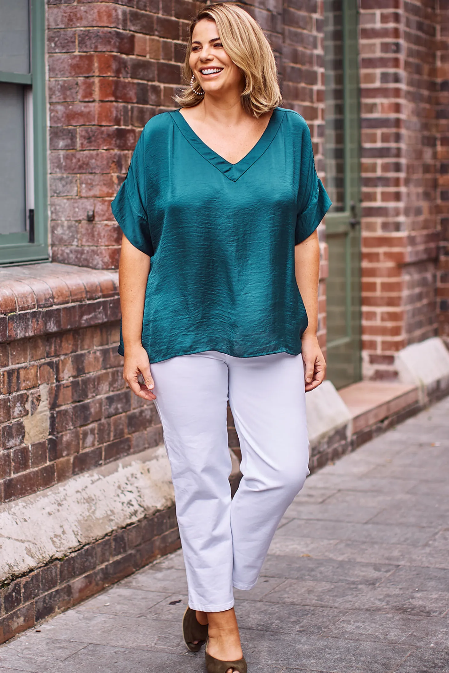 New Carolina Bianca Short Sleeve Top Forest Green with V Neck