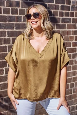 Cheap Carolina Bianca Short Sleeve Top Khaki with V Neck