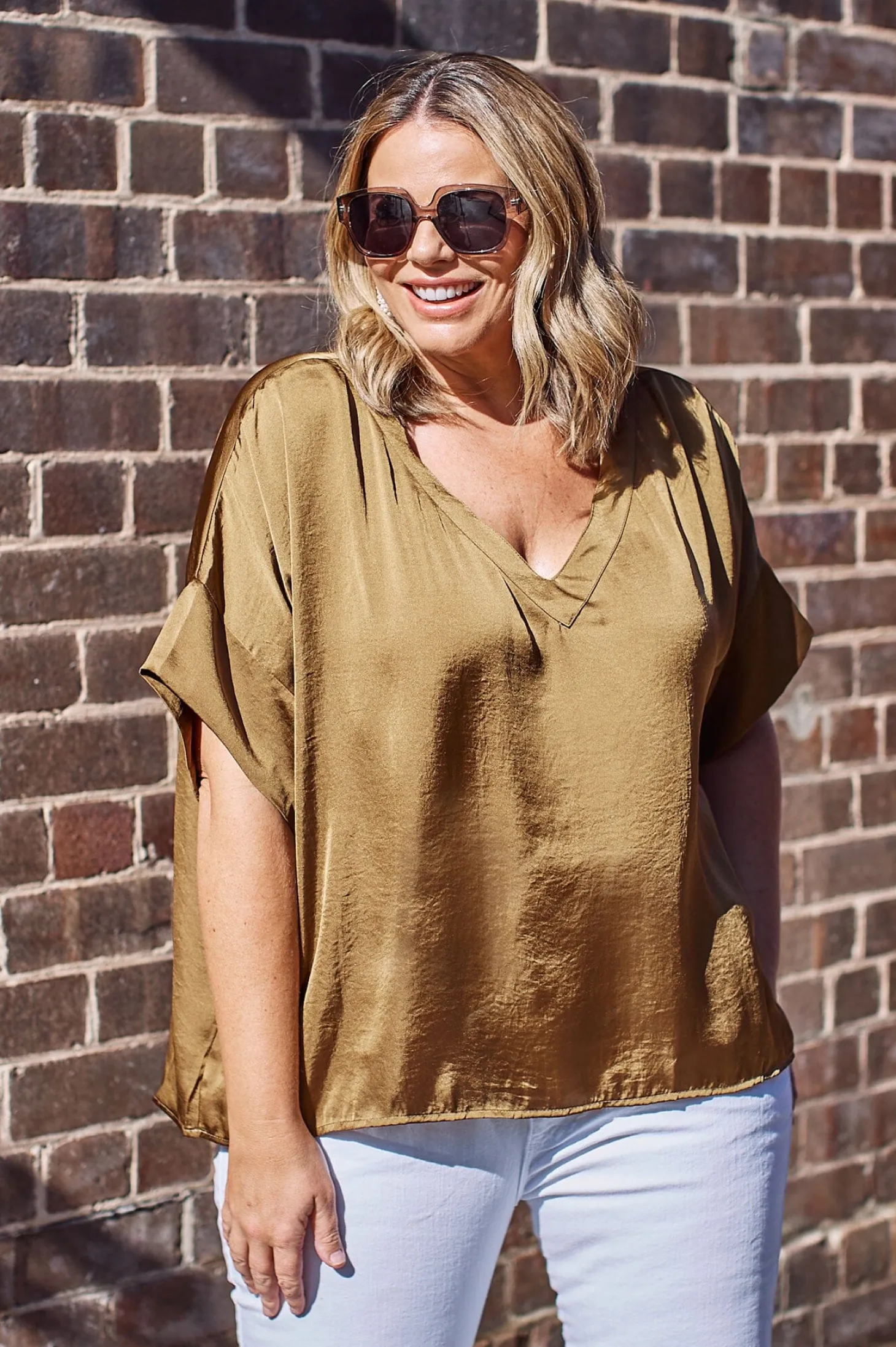 Cheap Carolina Bianca Short Sleeve Top Khaki with V Neck
