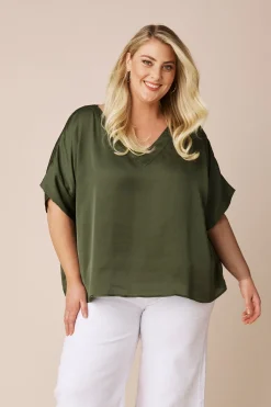 Outlet Carolina Bianca Short Sleeve Top Olive with V Neck