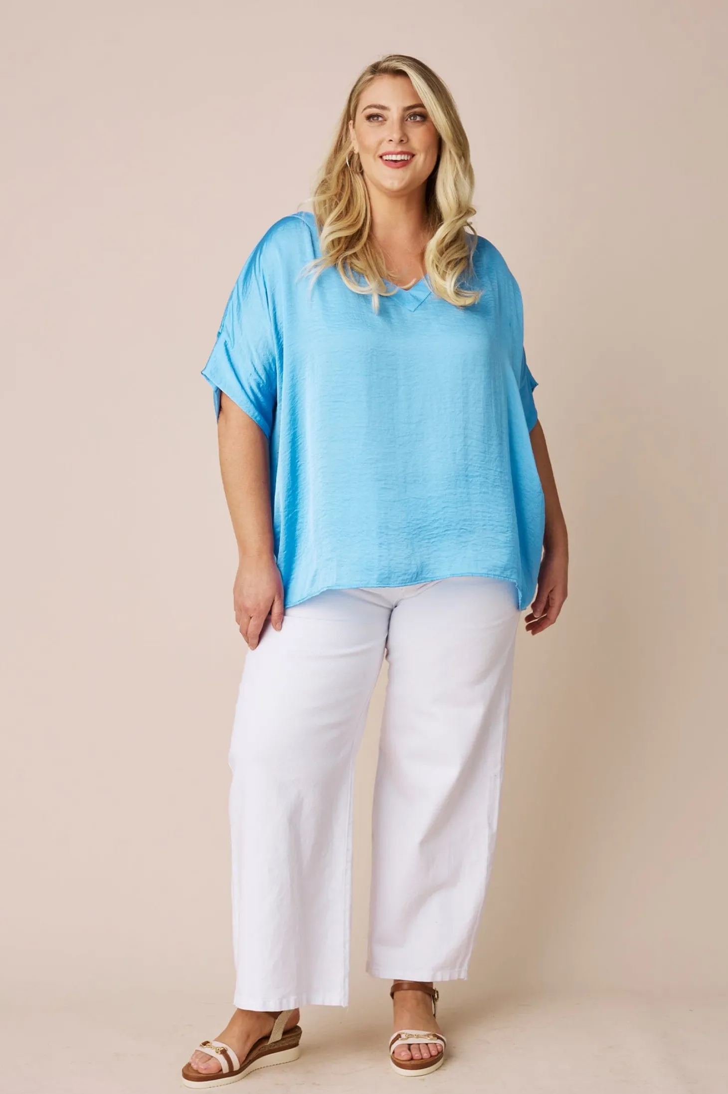 Shop Carolina Bianca Short Sleeve Top Ocean Blue with V Neck