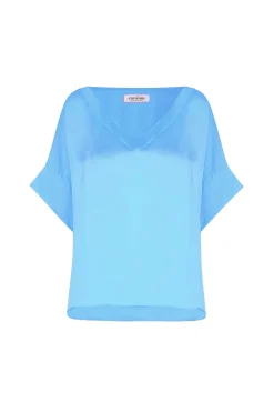Shop Carolina Bianca Short Sleeve Top Ocean Blue with V Neck