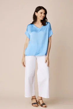 Shop Carolina Bianca Short Sleeve Top Ocean Blue with V Neck