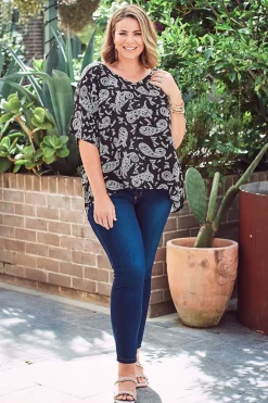 Clearance Carolina Bianca Short Sleeve Top Paisley Print Black With V Neck