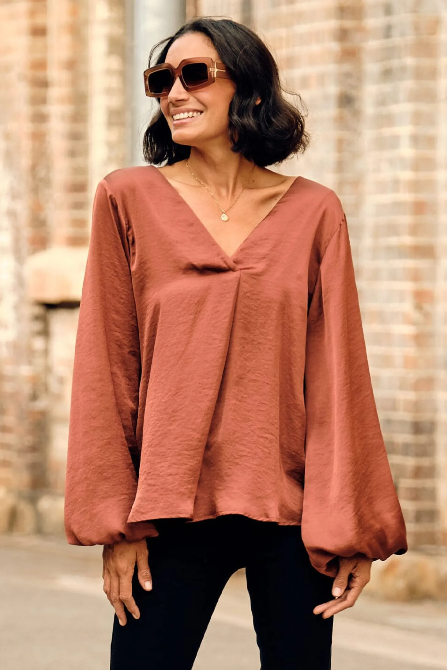 Cheap Carolina Charlotte V-Neck Long Sleeve Top Rust