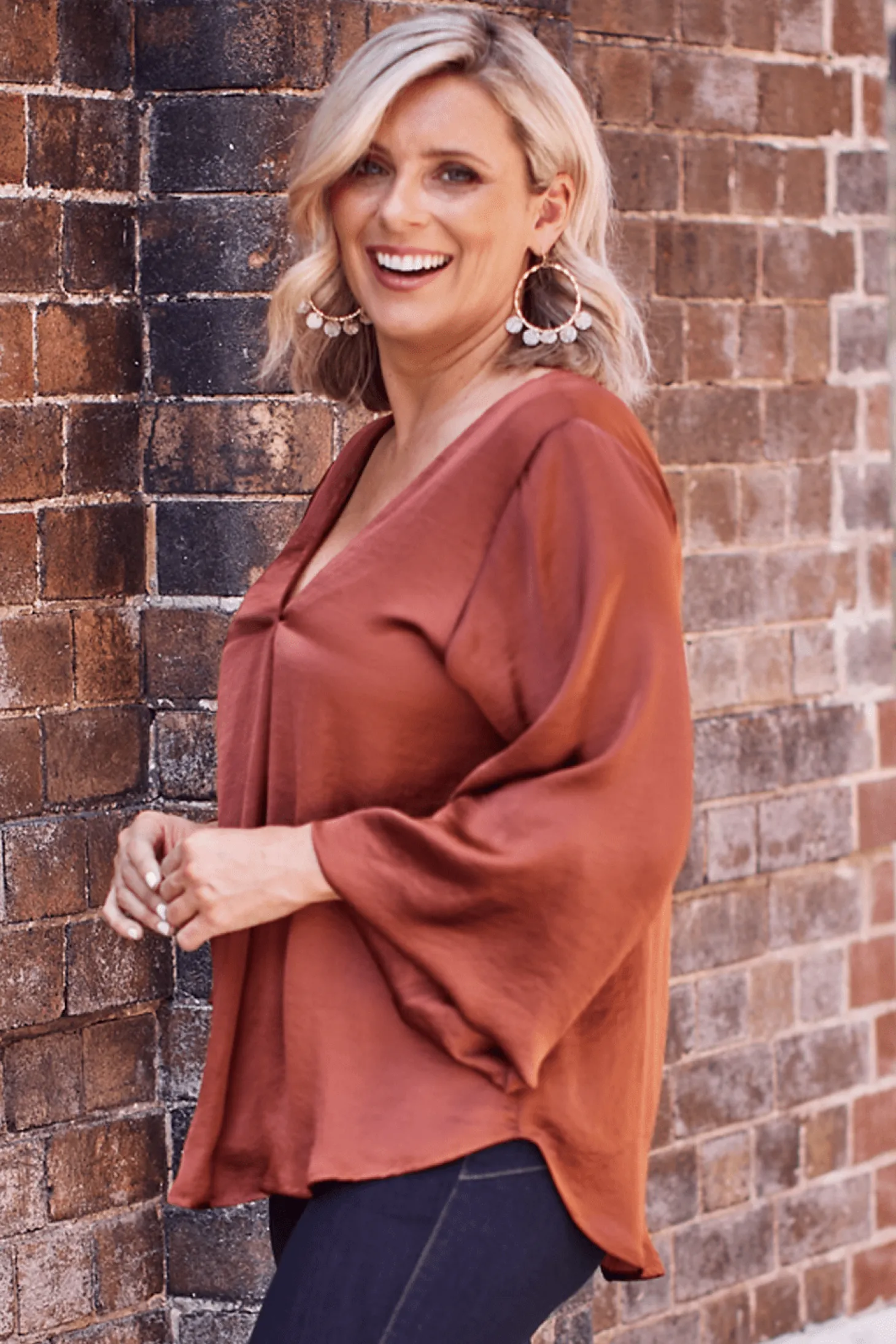 Cheap Carolina Charlotte V-Neck Long Sleeve Top Rust