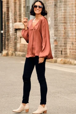 Cheap Carolina Charlotte V-Neck Long Sleeve Top Rust