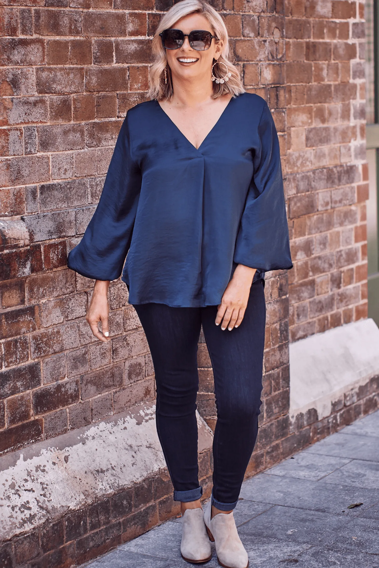 Cheap Carolina Charlotte V-Neck Long Sleeve Top Navy