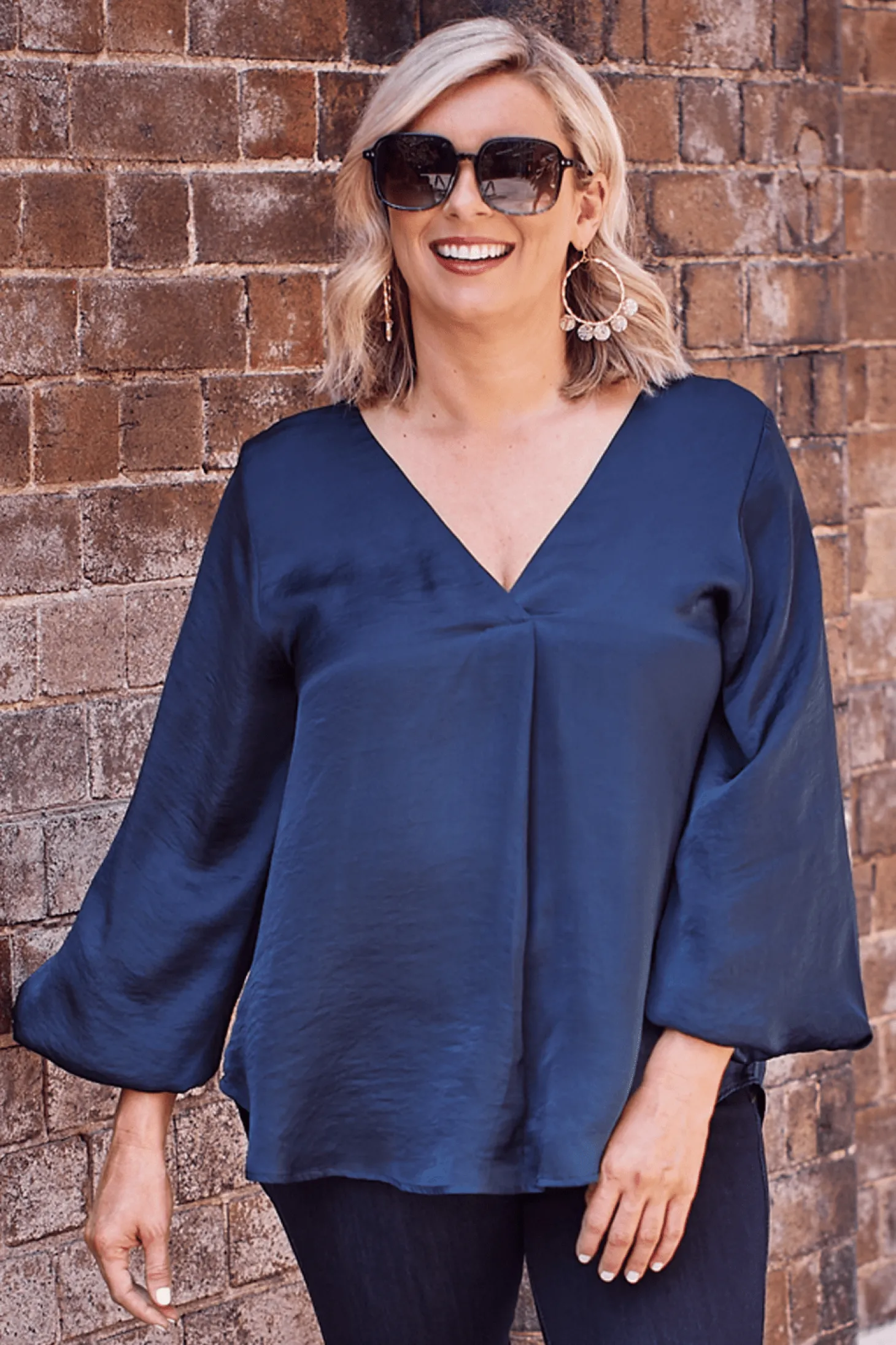 Cheap Carolina Charlotte V-Neck Long Sleeve Top Navy