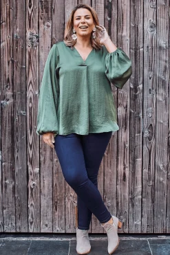 Cheap Carolina Charlotte V-Neck Long Sleeve Top Olive