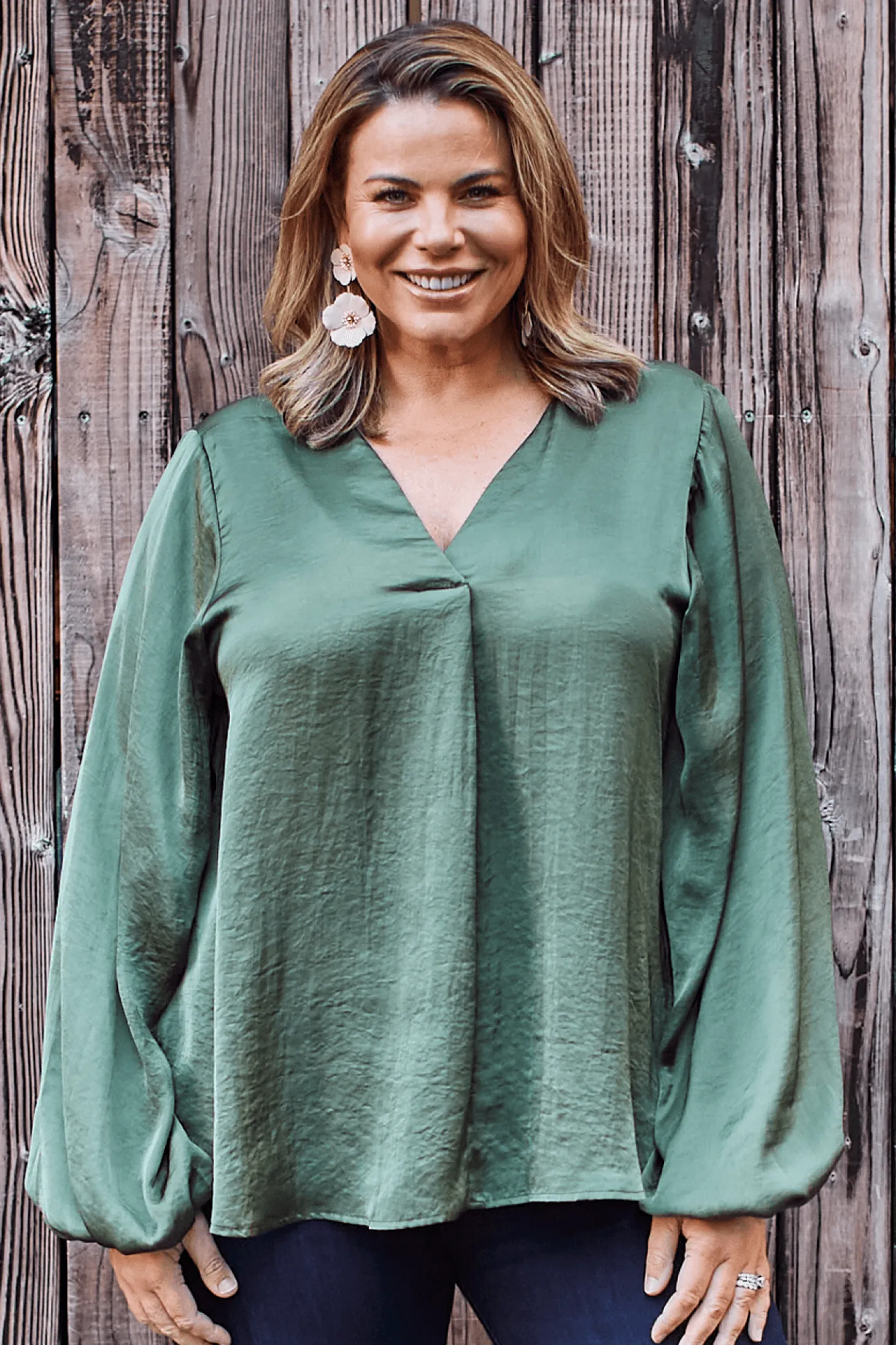 Cheap Carolina Charlotte V-Neck Long Sleeve Top Olive