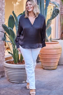 Hot Carolina Daniella V-Neck Long Sleeve Top Black