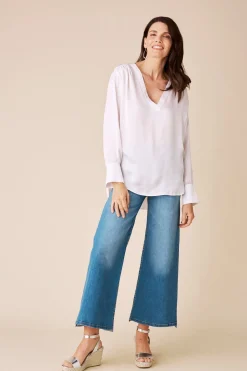 Sale Carolina Daniella V-Neck Long Sleeve Top White