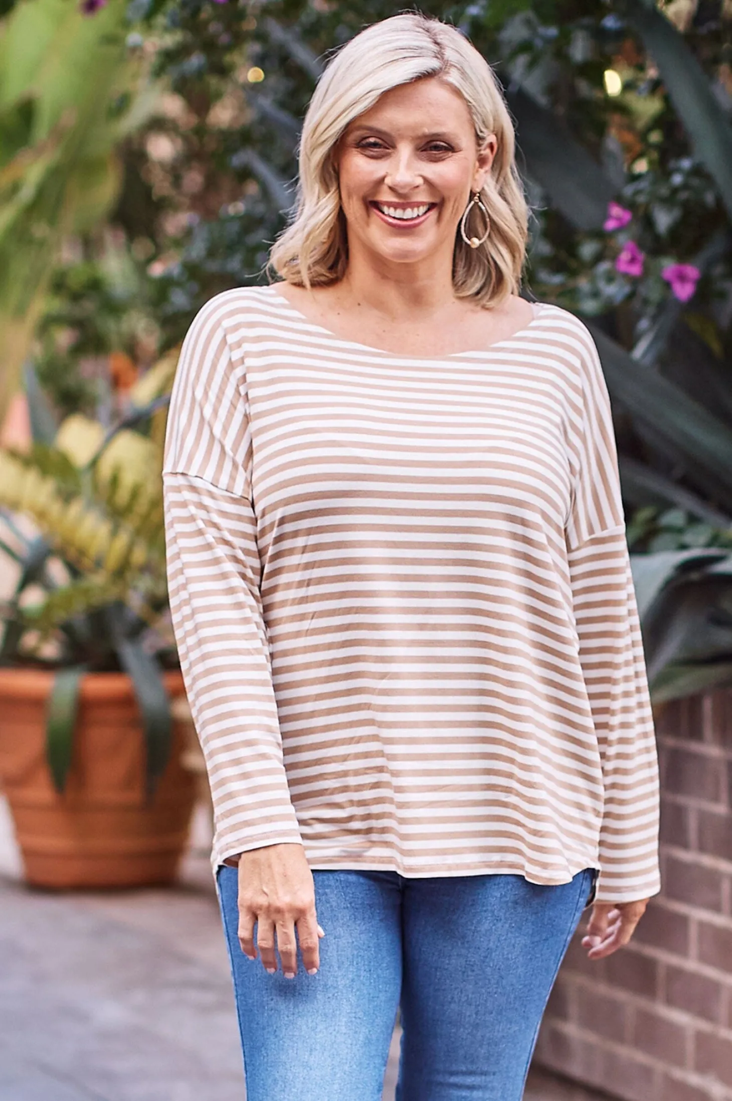 Discount Carolina Erica Essential Top Round Neck Striped Camel
