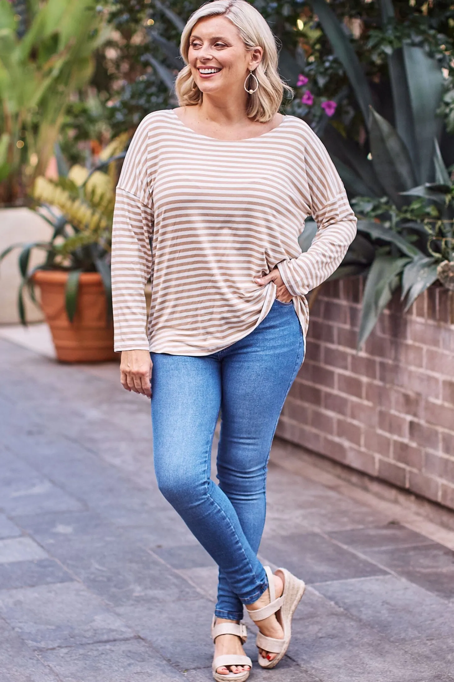 Discount Carolina Erica Essential Top Round Neck Striped Camel