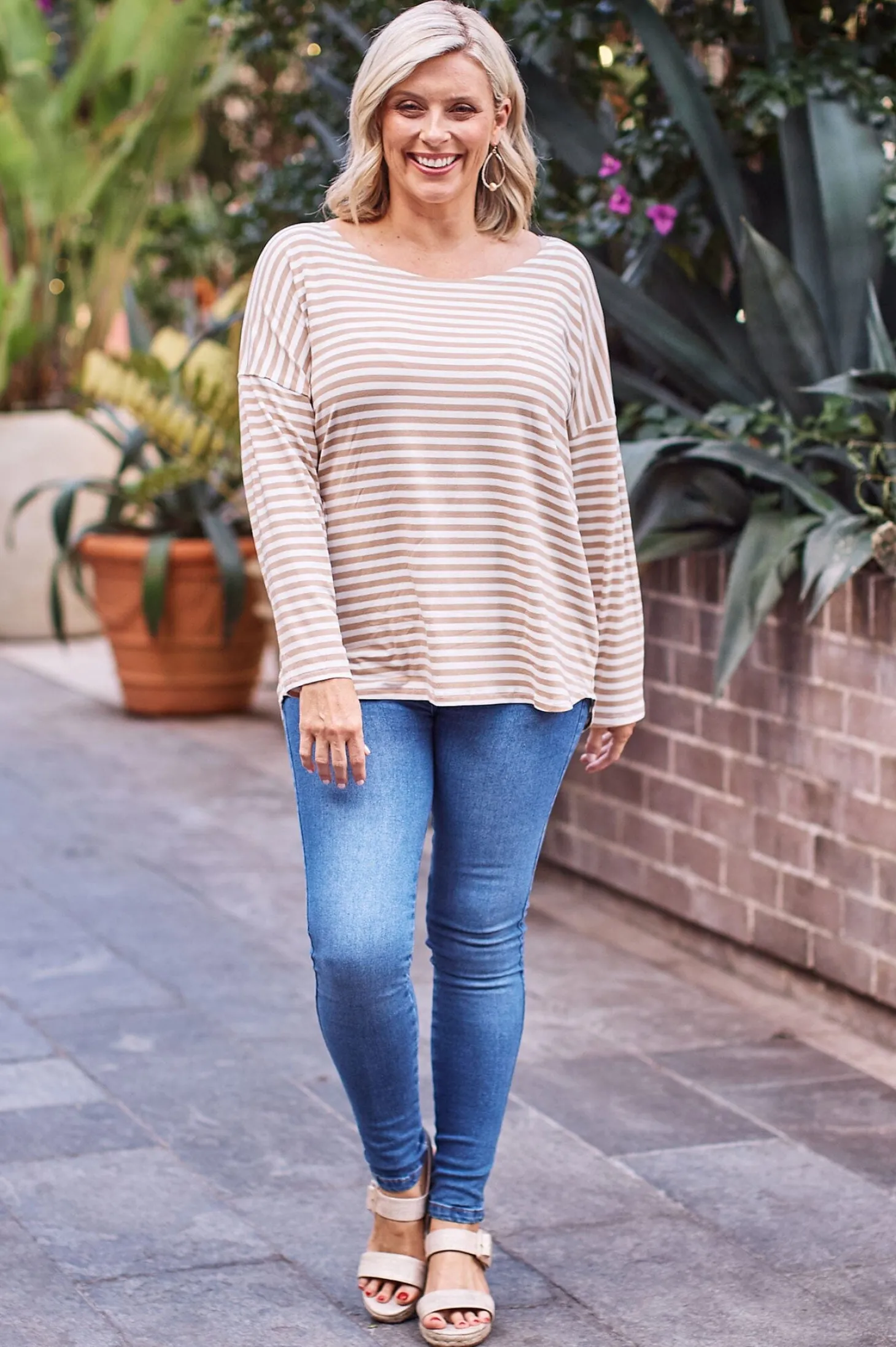 Discount Carolina Erica Essential Top Round Neck Striped Camel