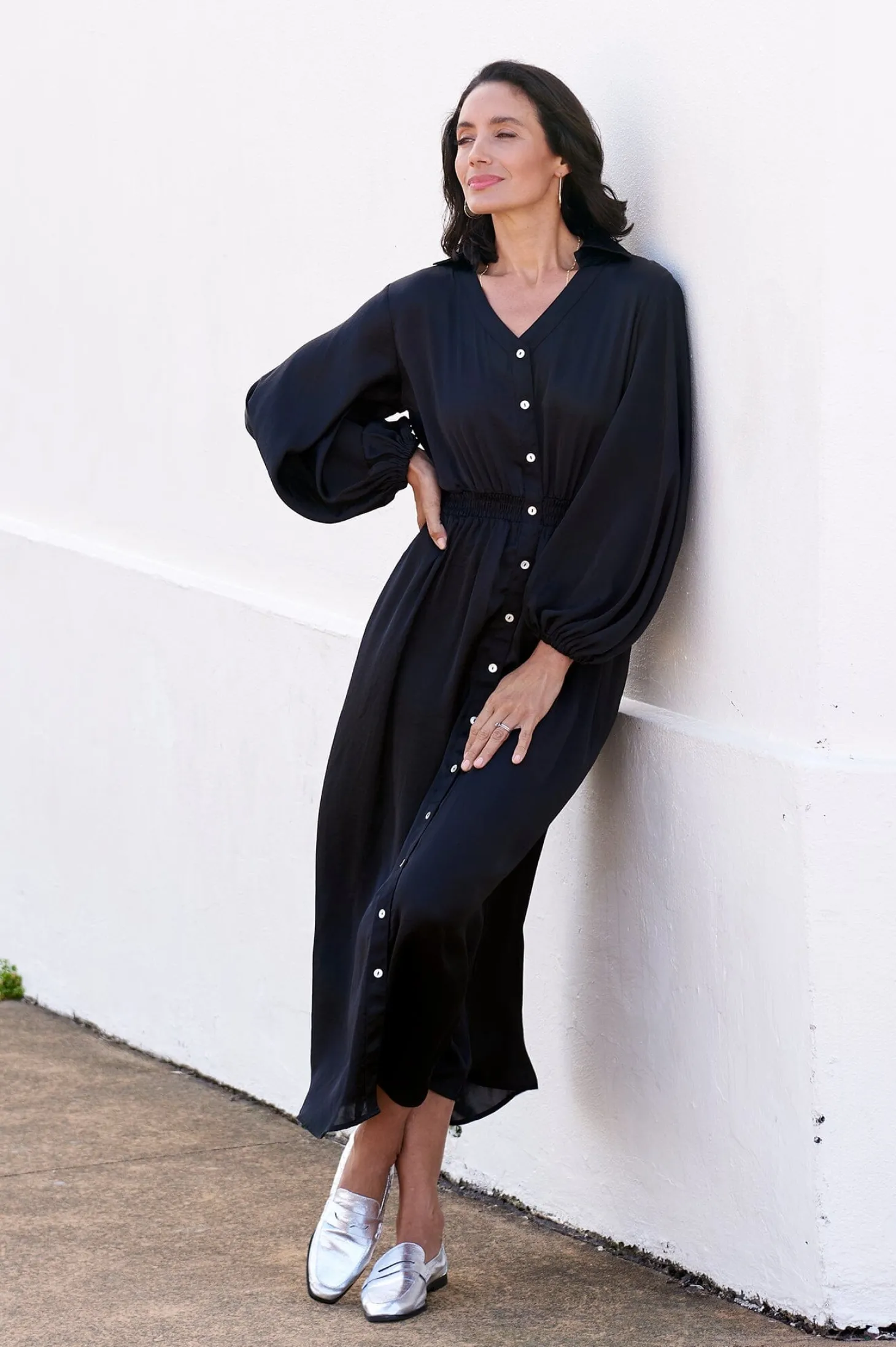 Online Carolina Georgina Long Sleeve Dress Black with Collar