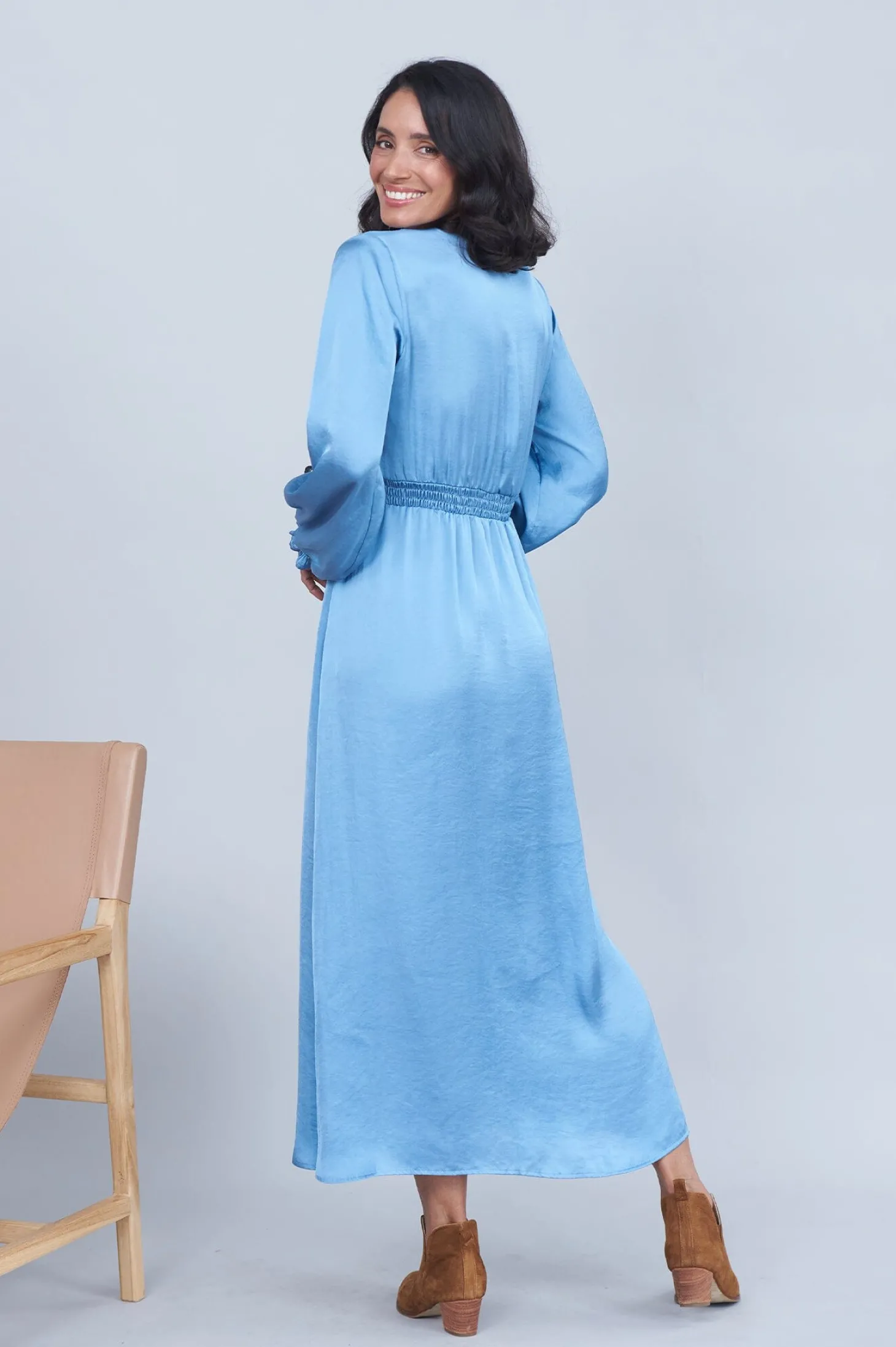 Online Carolina Georgina Long Sleeve Dress Blue Grey with Ruched Sleeve