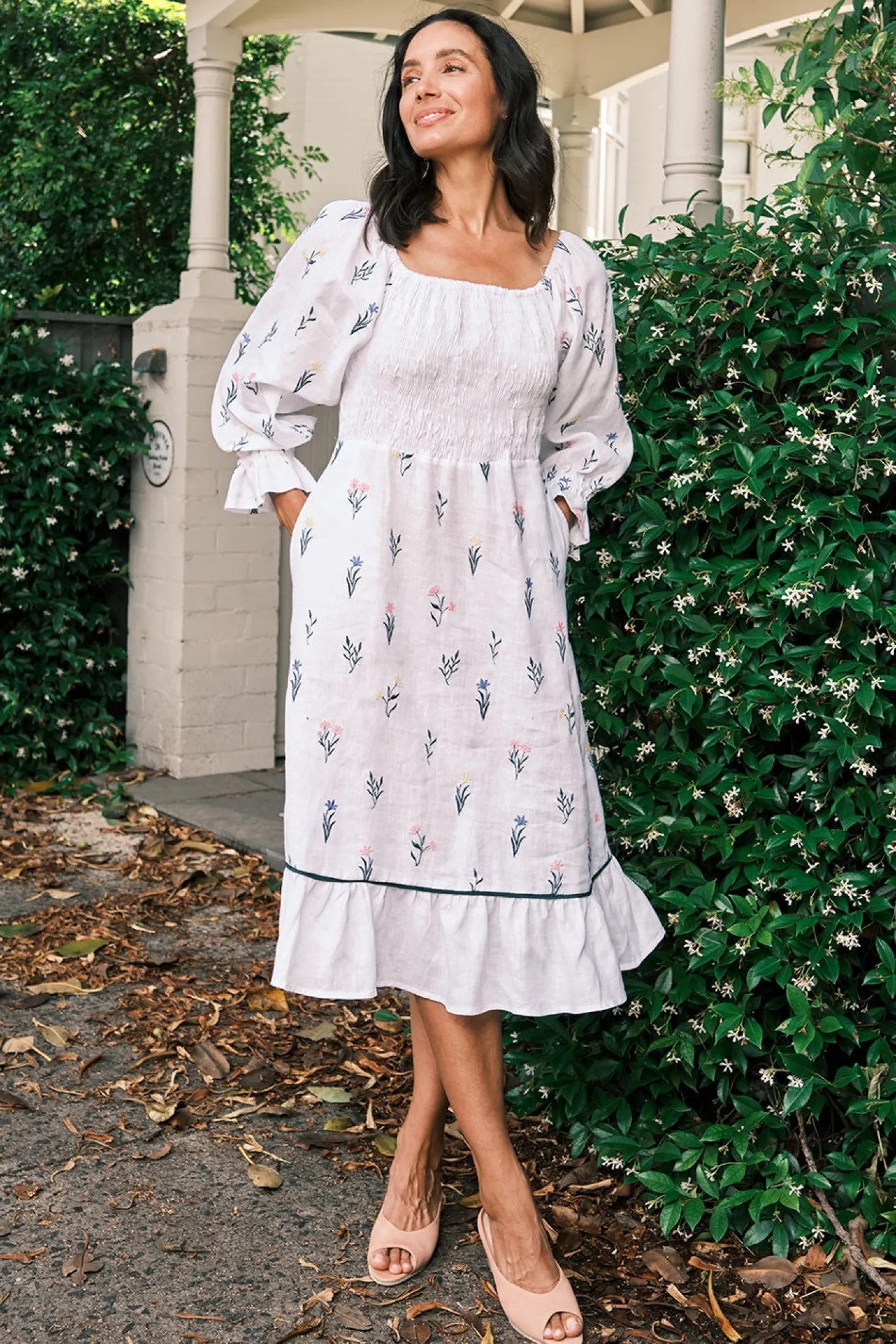 Hot Carolina Grace Pure Linen Embroidered Ruched Dress