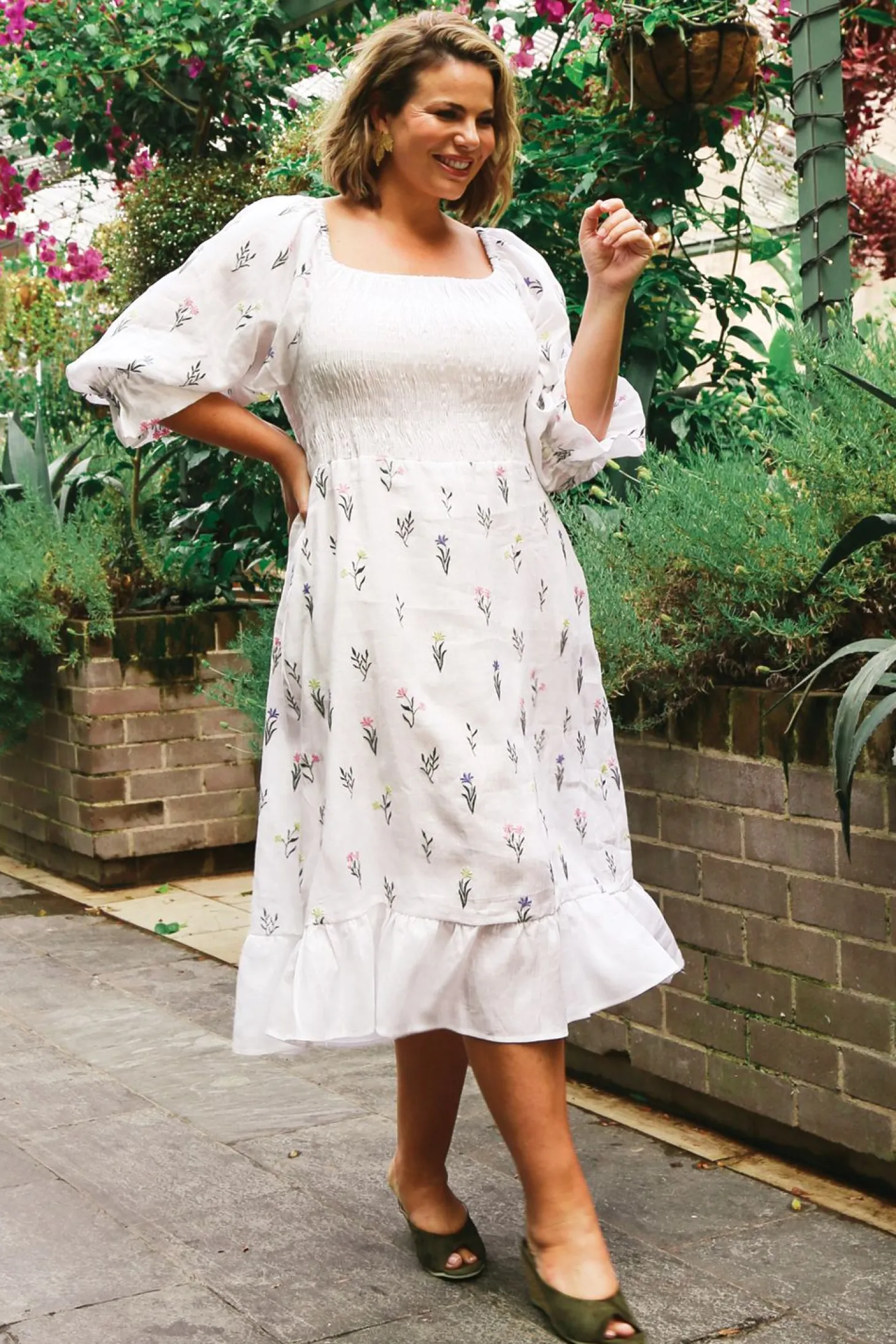 Hot Carolina Grace Pure Linen Embroidered Ruched Dress