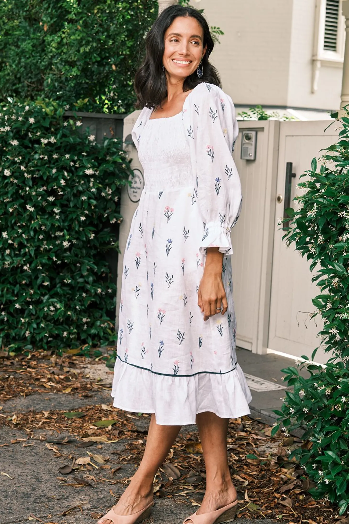 Hot Carolina Grace Pure Linen Embroidered Ruched Dress
