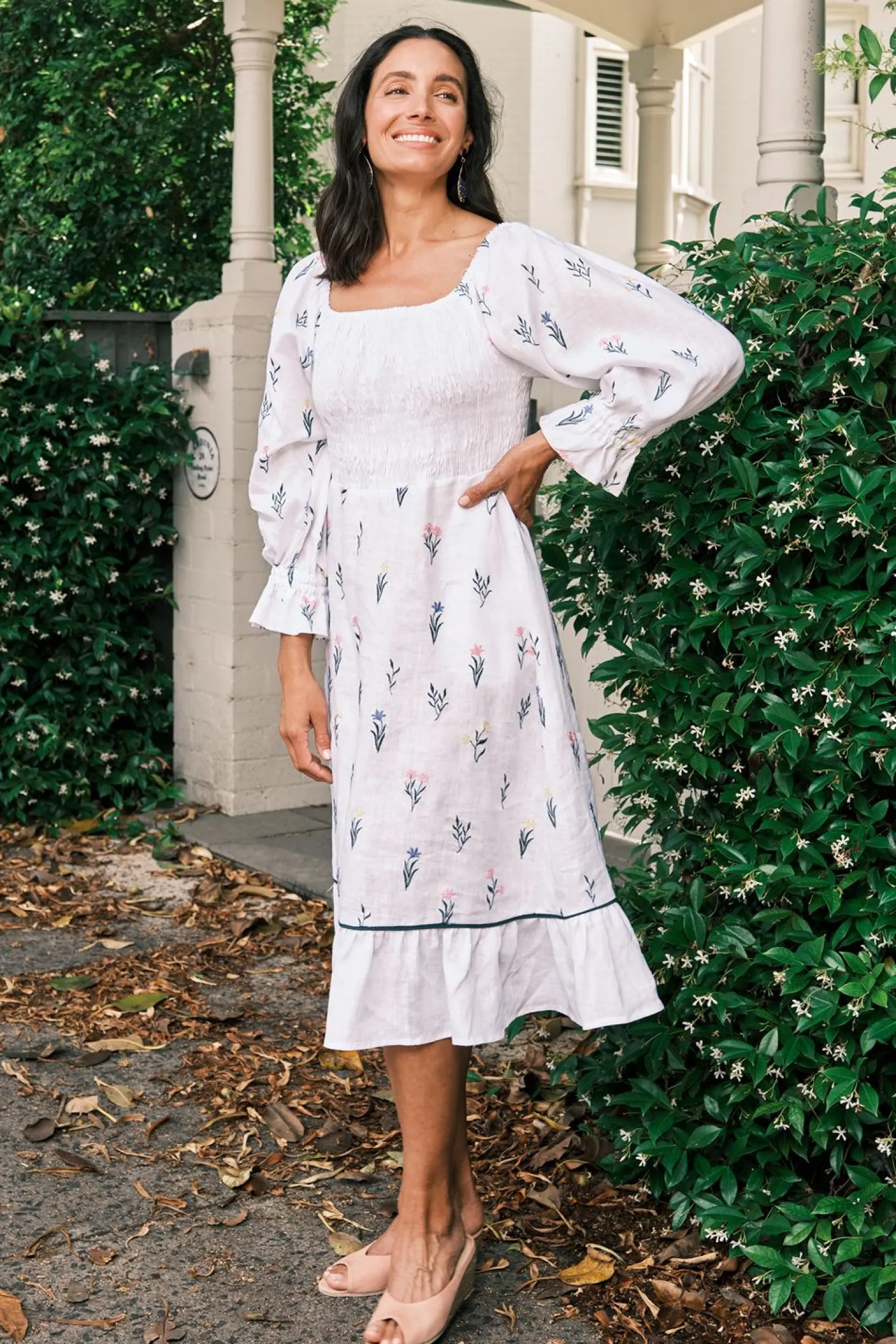 Hot Carolina Grace Pure Linen Embroidered Ruched Dress