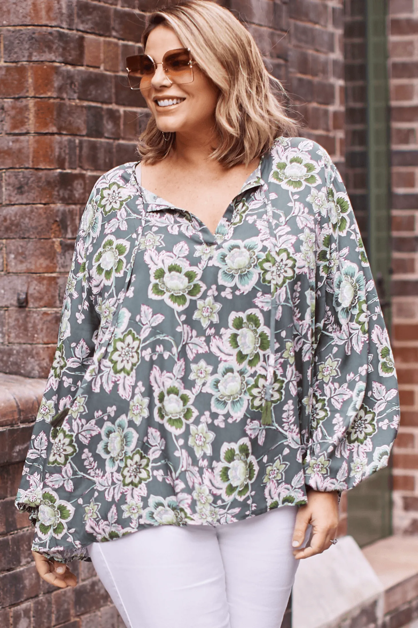 Hot Carolina Harriet Floral Long Sleeve Top Olive