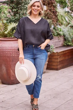 Flash Sale Carolina Jenna Pure Linen V-Neck Top Black
