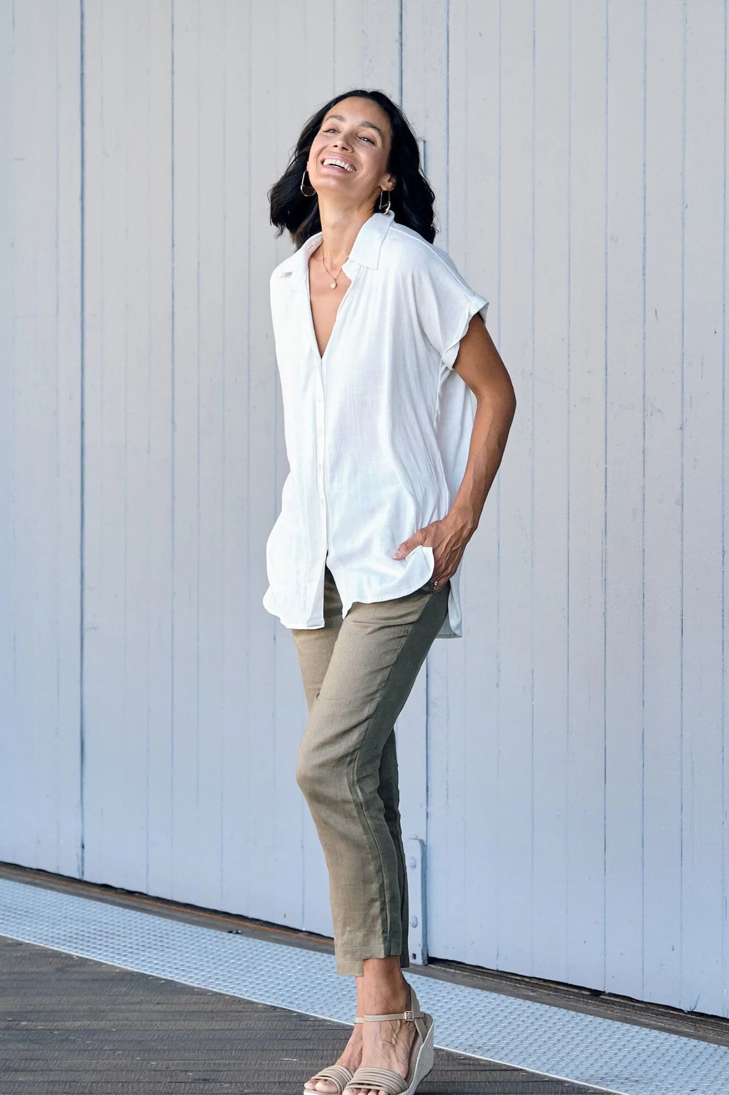 New Carolina Lindsey Short Sleeve Collared Top Cream