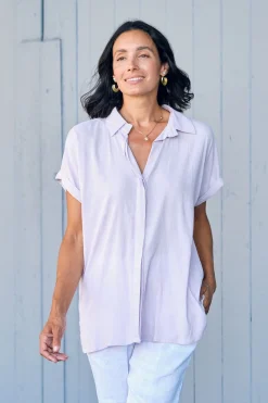 Shop Carolina Lindsey Short Sleeve Collared Top Lilac