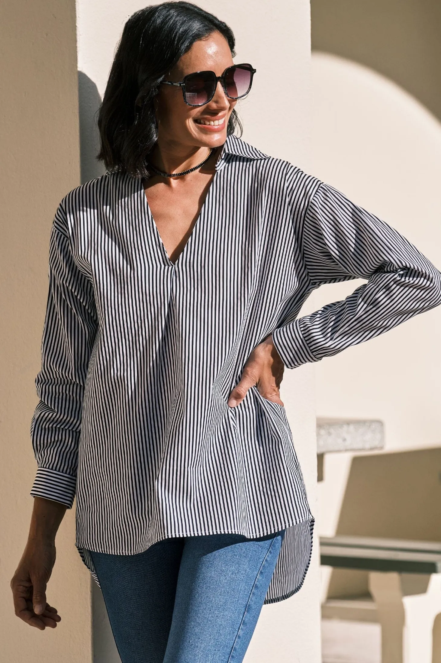 Best Carolina Lynette Collared Long Sleeve Shirt Striped Black