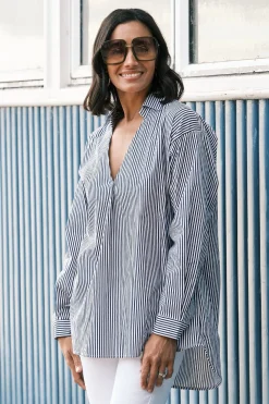 Best Carolina Lynette Collared Long Sleeve Shirt Striped Navy