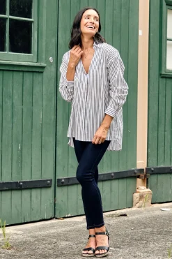 Outlet Carolina Lynette Collared Long Sleeve Shirt Striped Black with Lurex