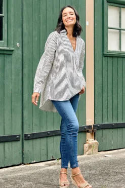 Online Carolina Lynette Collared Long Sleeve Shirt Striped Navy with Lurex