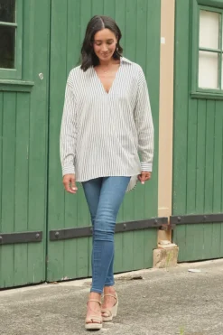 Online Carolina Lynette Collared Long Sleeve Shirt Striped Navy with Lurex