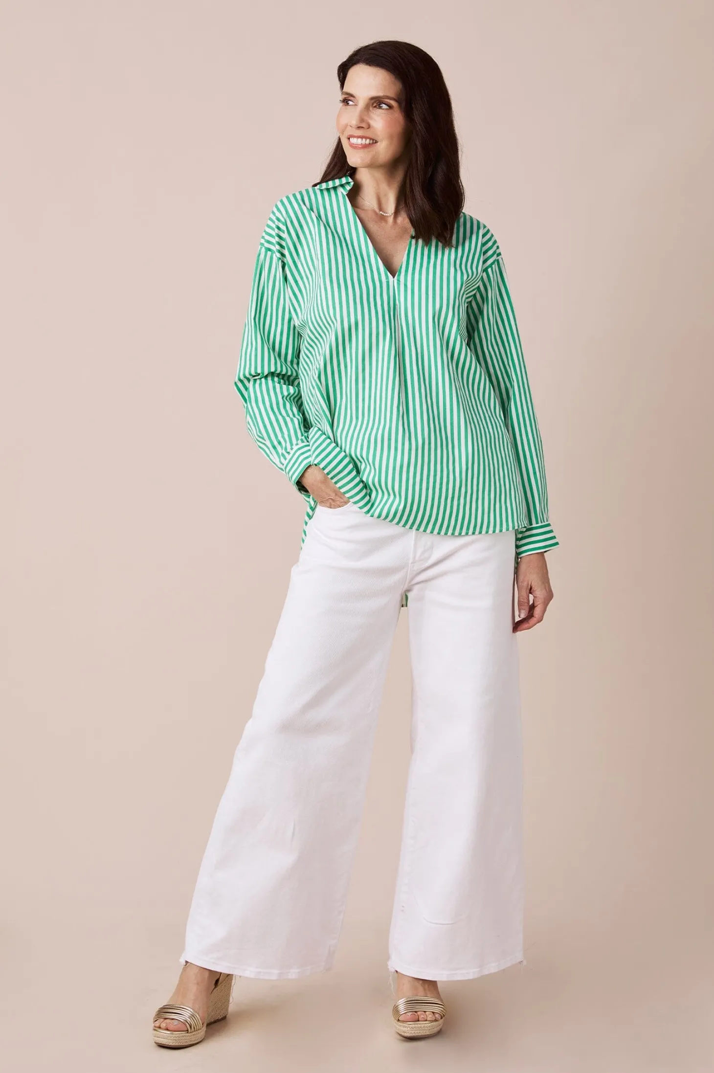 Store Carolina Lynette Collared Long Sleeve Shirt Striped Green
