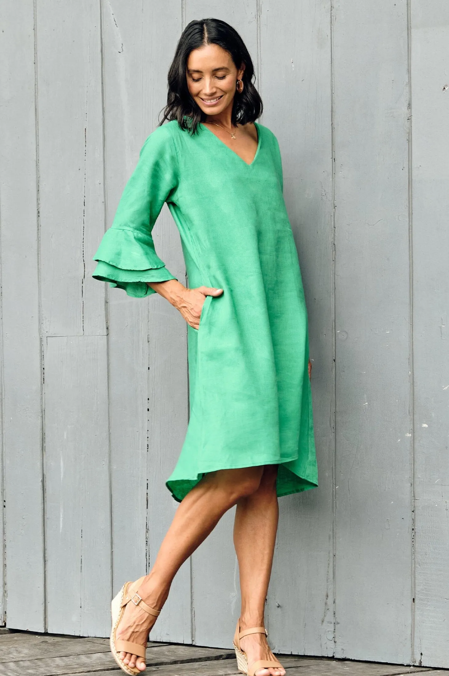 Outlet Carolina Mari Pure Linen Dress Emerald