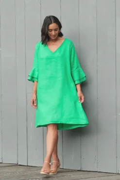 Outlet Carolina Mari Pure Linen Dress Emerald