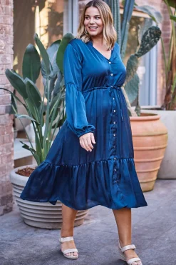 Best Sale Carolina Mikayla Long Sleeve Tiered Dress Navy