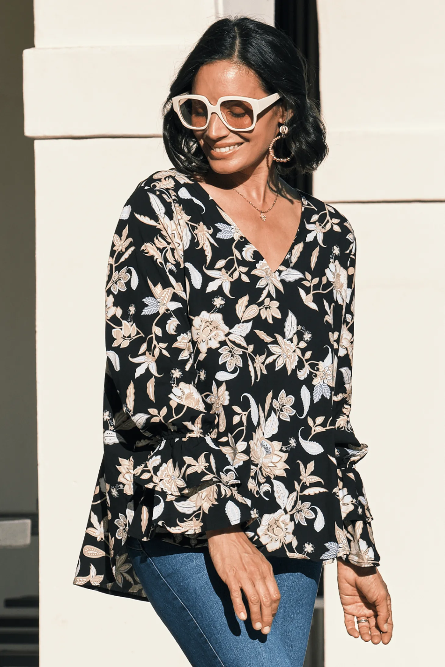 Clearance Carolina Mina Floral Long Sleeve Top Black